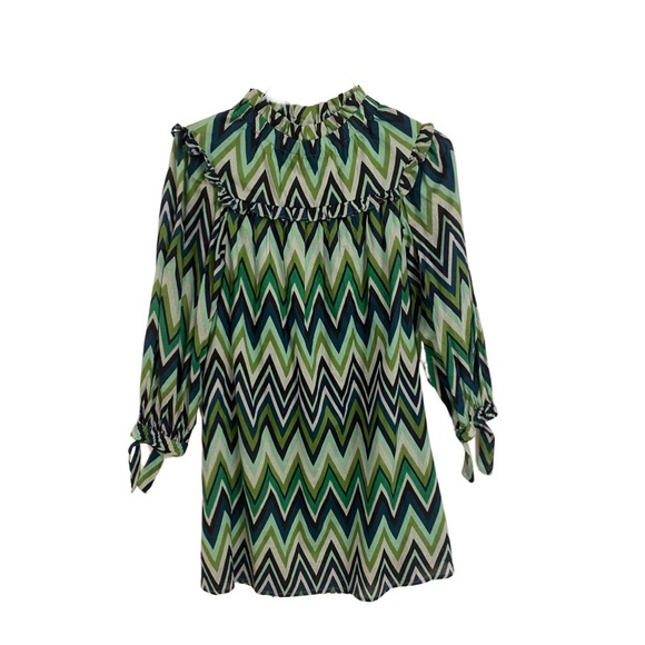 OLIVIA JAMES Green Zig Zag Cotton Dress Long Sleeve - Picture 3 of 8